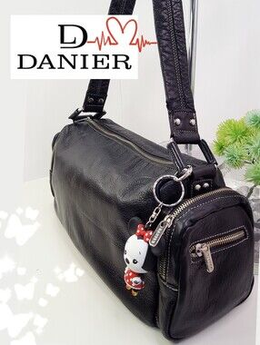 Danier🎀 Y2K Vintage Black Genuine Leather Barrel Bag | Grunge Shoulder Bag